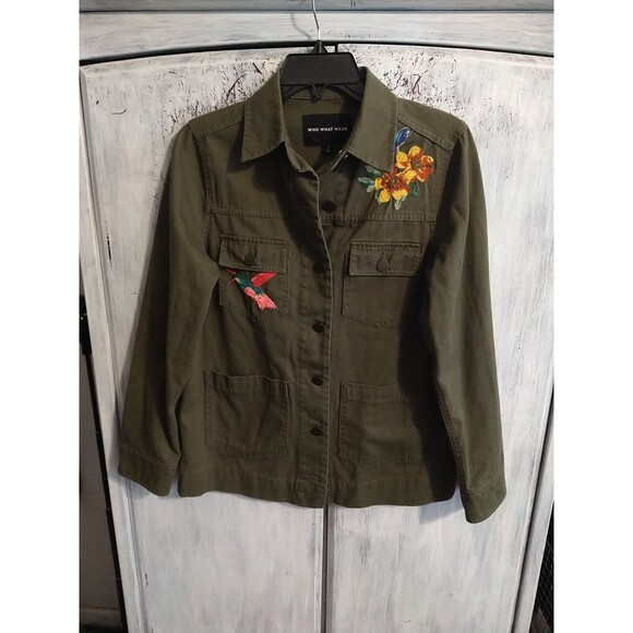 Who What Where  Floral Bird Print  Denim Button-up Jacket Sm Olive Boho Outdoor - Picture 1 of 9